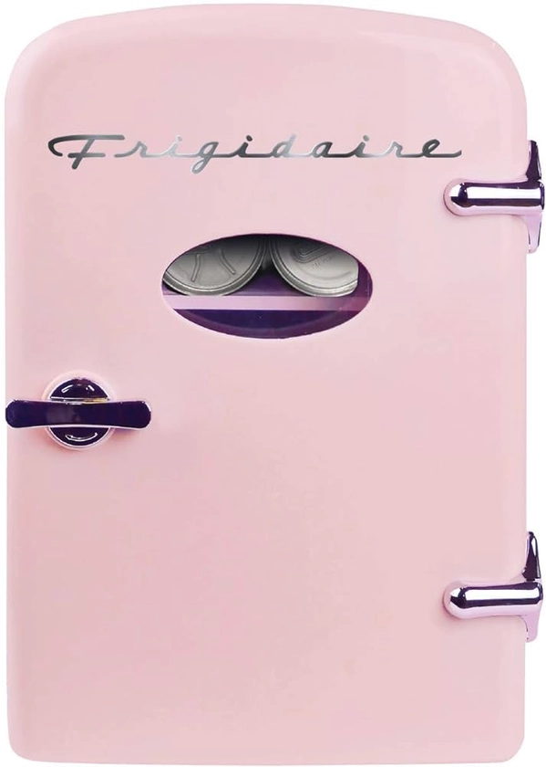 Frigidaire Pink Mini Personal Fridge Cooler, 4 litres Capacity Chills Six 12oz Cans, 100% Freon-Free & Eco Friendly, Includes Plugs for AC outlet and 12V DC, Portable, Skincare, Beverage Cooler