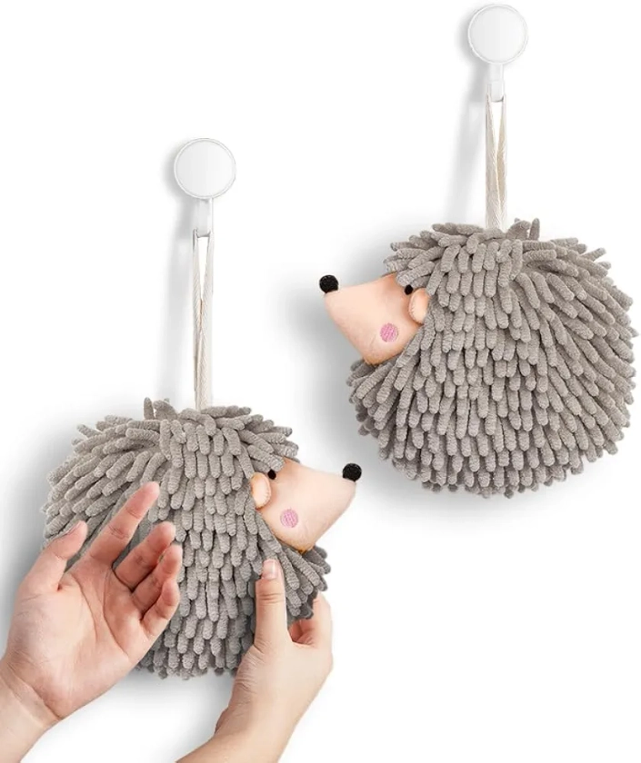 Sophie & Panda Fuzzy Ball Hand Towels (Set of 2) - Dry Your Hands Instantly and conveniently with This Creative Hand Towel Hedgehog Decorative Towels for Bathroom (Pack of 2, Gray)