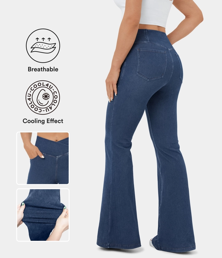 Women’s HalaraMagic™ High Waisted Crossover Pocket Cool Touch Washed Stretchy Knit Casual Super Flare Jeans - Halara 