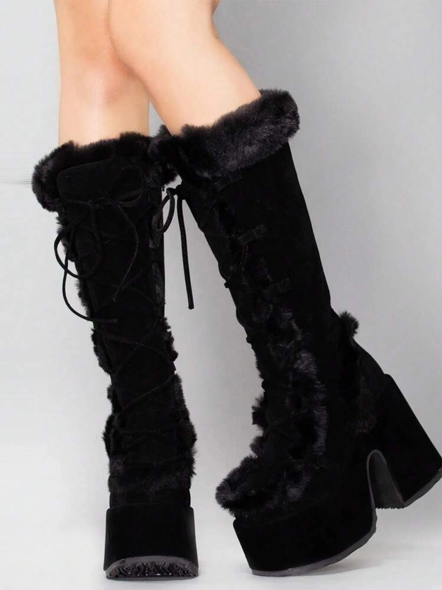 Women Knee High Boots Warm Faux Furry Chunky High Heel Platform Luxury Halloween Punk Goth Cosplay Fuzzy Snow Boots