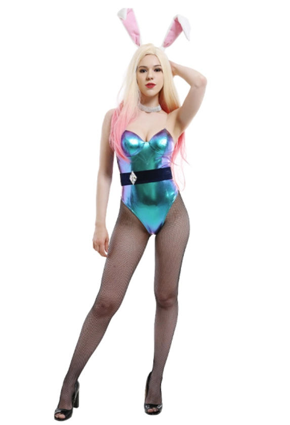 League of Legends LOL Ahri Bunny Girl One-Piece Jumpsuit Shiny Bodysuit Full Set Cosplay Costume with Bunny Ear Hair Band and Necklace