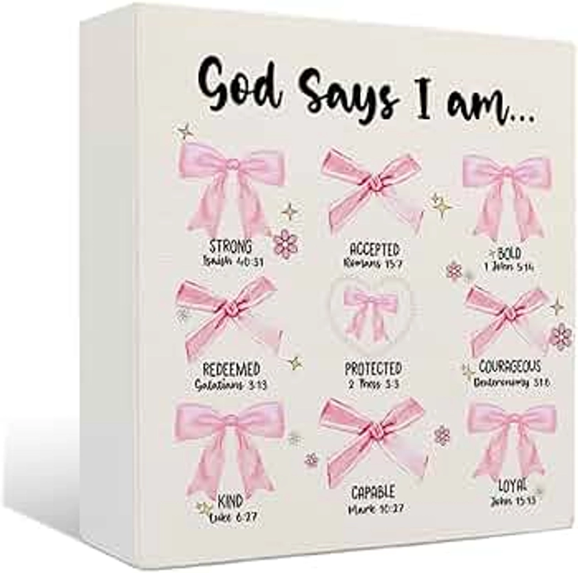 Coquette Bow Wooden Sign - Pink God Says I Am Wooden Box Signs, Preppy Coquette Bow Bible Verse Decor, Coquette Room Decor, Inspirational Christian Gifts for Women, 5 X 5 Inches