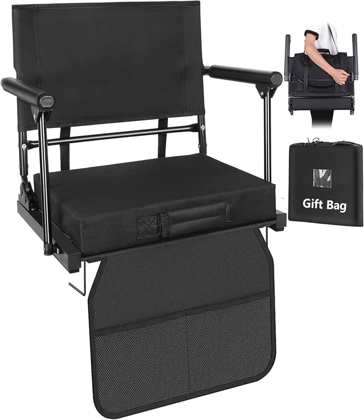 Stadium Seats for Bleachers with Back Support & Armrests, Foldable Stadium Chair with Removable Padded Comfy Foam Cushion, Lightweight Protable Bleacher Seat with Shoulder Strap