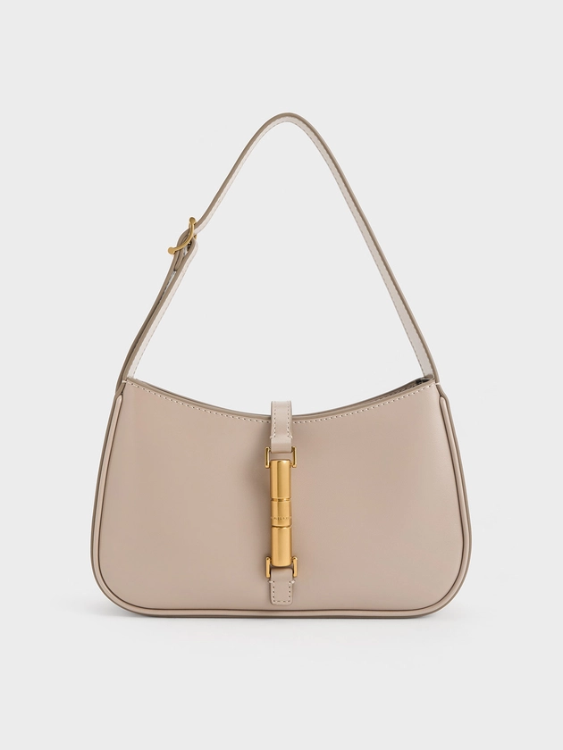 Taupe Cesia Metallic Accent Shoulder Bag | CHARLES & KEITH
