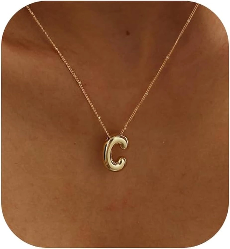 Gold Bubble Letter Necklace for Women, 14k Gold Plated Balloon Initial Letter Pendant Necklace Dainty Charm Initial Necklaces for Women Trendy Chunky Custom Name Necklace Gold Jewelry for Women