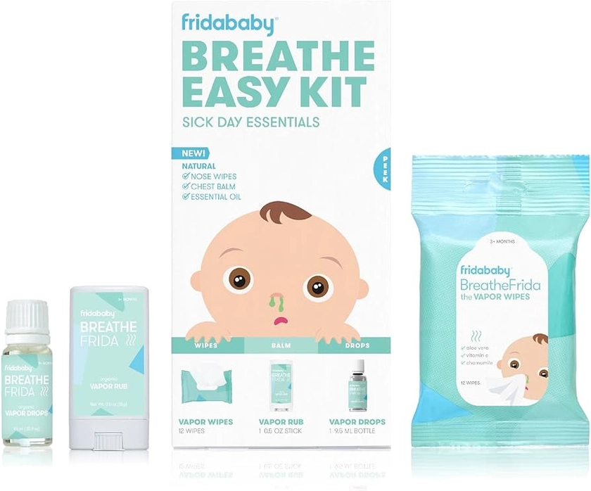 Amazon.com: Frida Baby Breathe Easy Kit Sick Day Baby Essentials - Toalhetes de vapor natural, esfregar vapor orgânico + gotas de vapor orgânico para ajudar o bebê a respirar facilmente, alívio natural do : Bebê