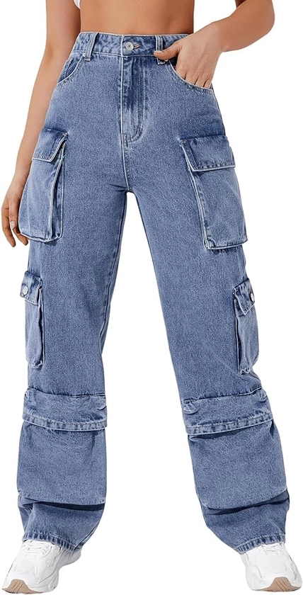 SweatyRocks Women's Casual High Waist Flap Pockets Cargo Jeans Baggy Straight Leg Denim Pants