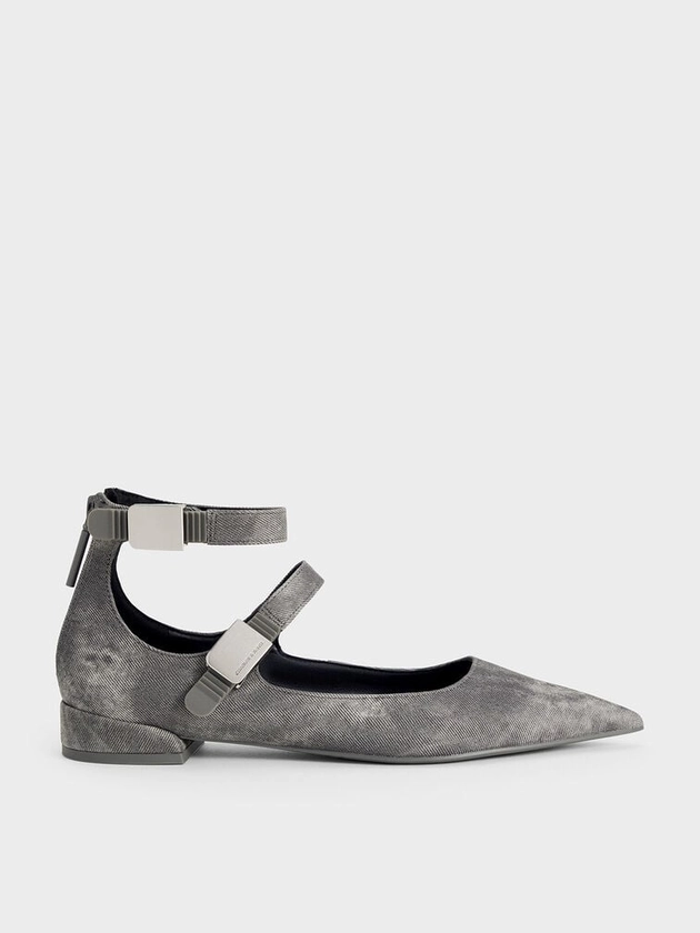 Robbie Denim-Effect Pointed-Toe Mary Jane Flats - Dark Grey