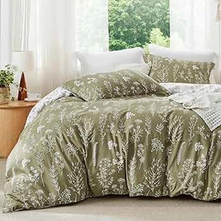 Bedsure Queen Comforter Set - Olive Green Comforter, Cute Floral Bedding Comforter Sets, 3 Pieces, 1 Soft Reversible Botanical Flowers Comforter and 2 Pillow Shams