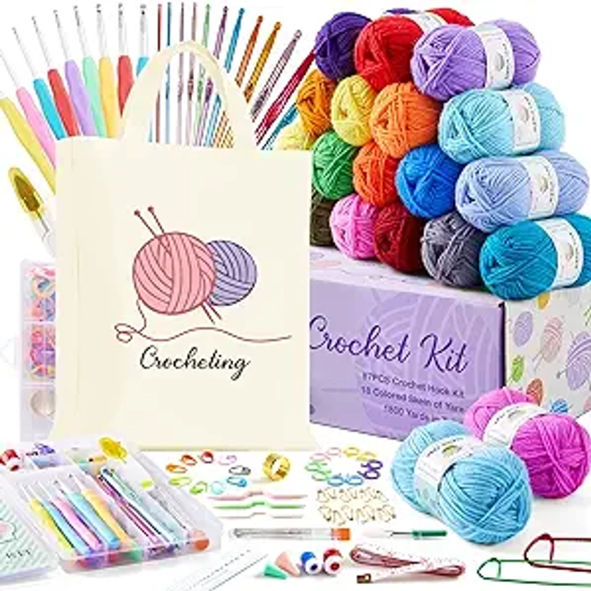 Crochet Kit for Beginners Adults, 18 Large Acrylic Yarn Skeins 1800 Yards Yarn, 105 PCS Crochet Kit with Hooks Yarn Set,Includes Canvas Tote Bag, Ideal Starter Pack for Kids Professionals