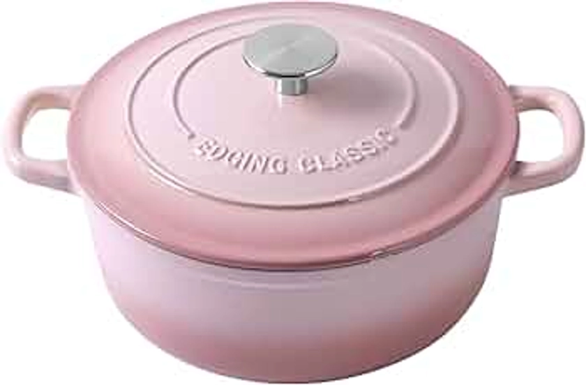 Enameled Cast Iron Covered 5.5 Quart Dutch Oven with Dual Handle, Dutch Ovens with Lid for Bread Baking, Pink