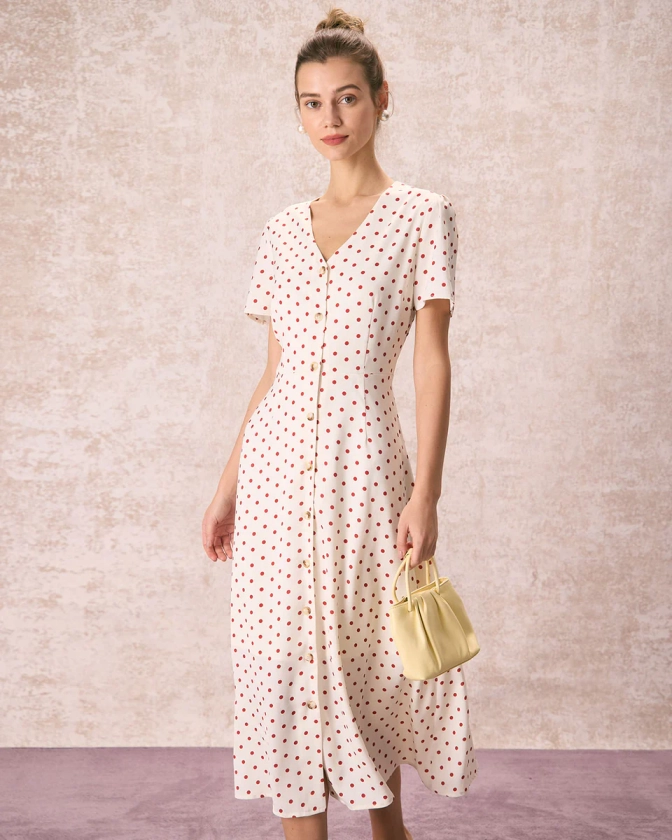 The Beige V Neck Polka Dot Button Midi Dress & Reviews - Beige - Dresses | RIHOAS