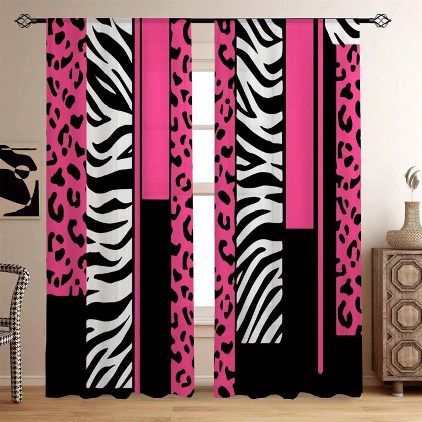 2 Panels/Pack Pink Zebra Leopard Pattern Printed Semi-Transparent Window Curtains, Suitable For Living Room, Game Room, Bedroom, Polyester Threaded Rod Decorative Curtains For Multiple Scenes, Home Decorations, And Party Supplies