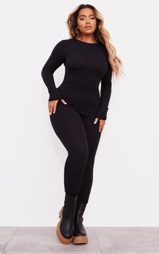 Shape Black Rib Underbust Long Sleeve Jumpsuit