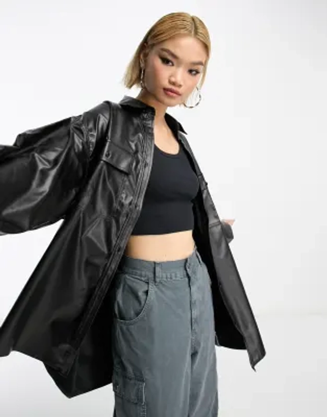 ASOS DESIGN oversized shacket in pu in black