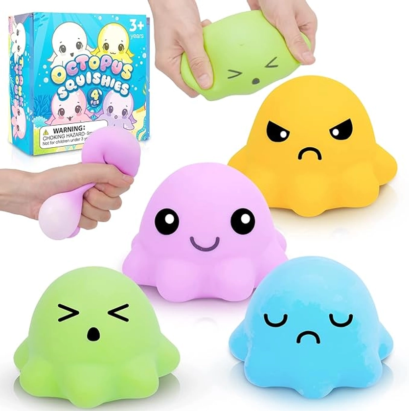 Emotion Stress Balls Octopus Squishy Ball for Adults Kids, 4 Pack Face Squeeze Balls Sensory Fidget Toys, Stress Relief Toys for Party Favors, Birthday Party, Classroom Prizes for Toddlers