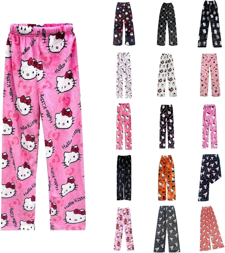 𝒉𝒆𝒍𝒍𝒐 𝒌𝒊𝒕𝒕𝒚𝒔 Pyjama Bottoms Womens Cat Fluffy Pyjamas Bottoms Cute Anime Flannel Pyjamas Comfortable Lounge Pants Plus Size Pj Bottoms Lounge Wear