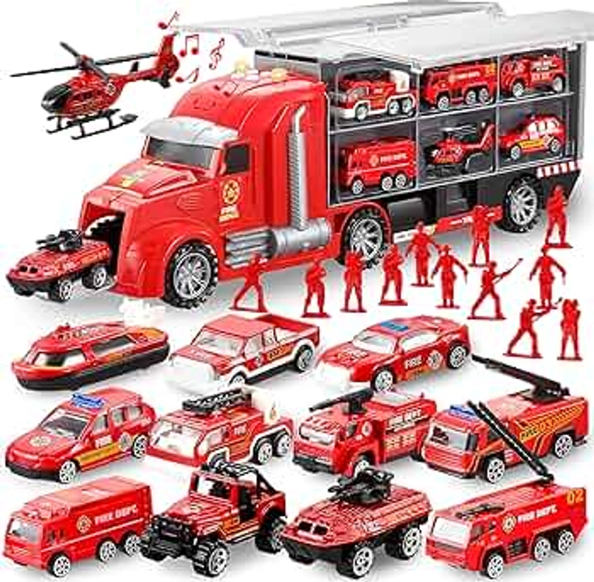JOYIN – Lot de camion de pompiers 25 en 1 moulé sous pression avec sons et lumières, véhicules de pompiers dans un camion de transport, cadeau d’anniversaire pour garçons de plus de 3 ans