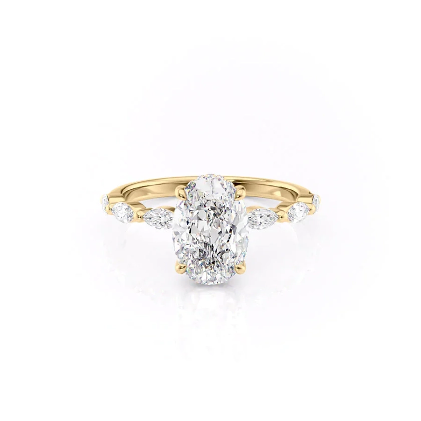 0.46ctw Flawless Marquise Side Stone Oval Secret Halo Yellow Gold Engagement Ring - The Lucia - 2.0mm Setting Price