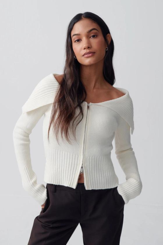 Knitted zip collar cardigan - Vit - Dam - Gina Tricot