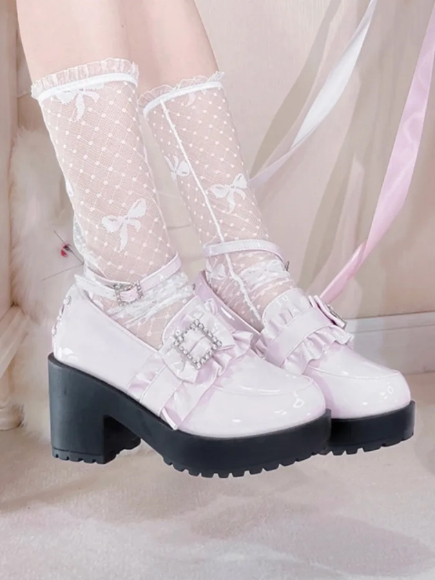 [$47.00]Polished Pink Crystal Embellished Jirai Kei Slipons with Detachable Buckle Ankle Strap