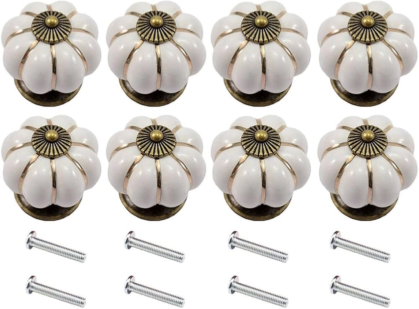 Clarmonde Lot de 8 boutons en céramique en forme de citrouille pour meubles, armoires, tiroirs (blanc)