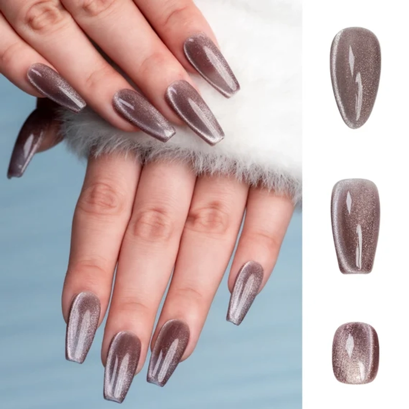 Sun&Beam Nails Handmade Press-On Solid Color Medium Coffin with Grey Taupe Color Cat Eye Design Magnet Charm Cute False Nail Tips 10 Pcs