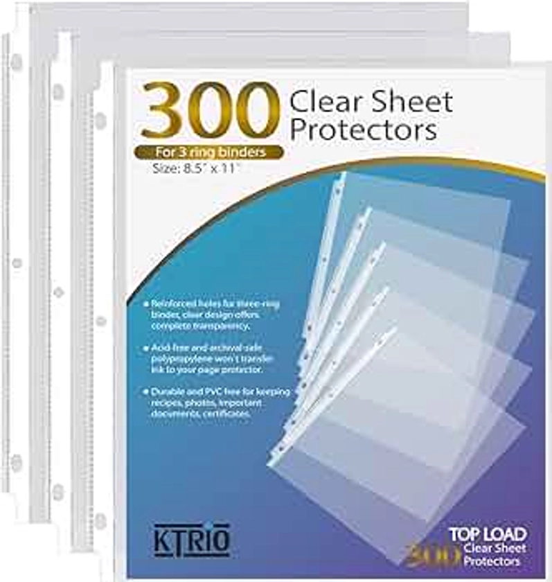 KTRIO - Protectores de hojas transparentes de 8.5 x 11 pulgadas, para carpetas de 3 anillos, fundas de plástico para carpetas, protector de papel de carga superior, tamaño carta, paquete de 300