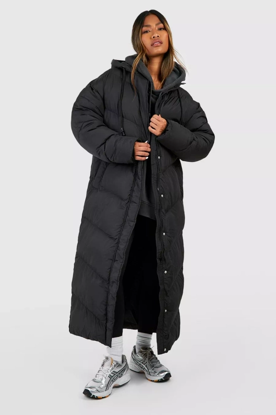 Hooded Quilt Detail Maxi Puffer 