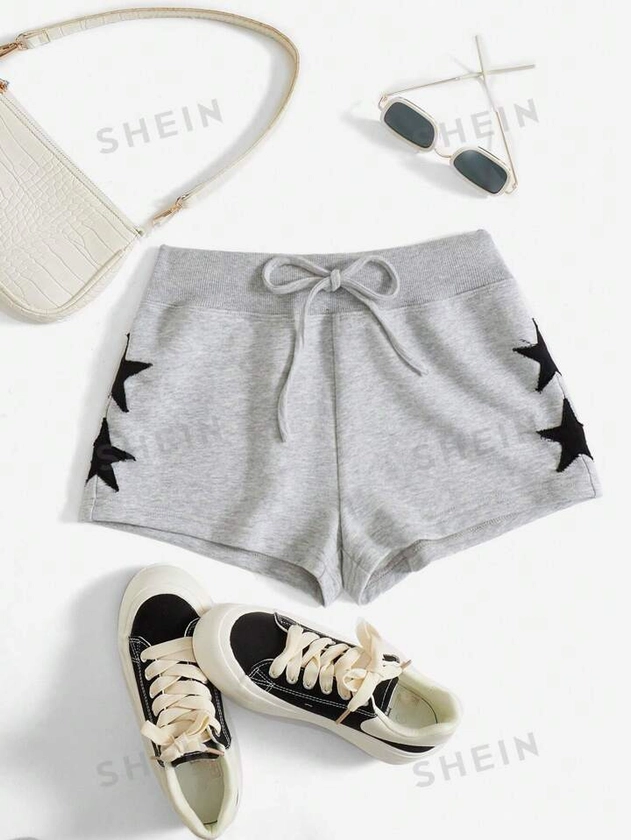 SHEIN EZwear Grey Knitted Solid Drawstring Waist Pocket Women's Shorts | SHEIN UK