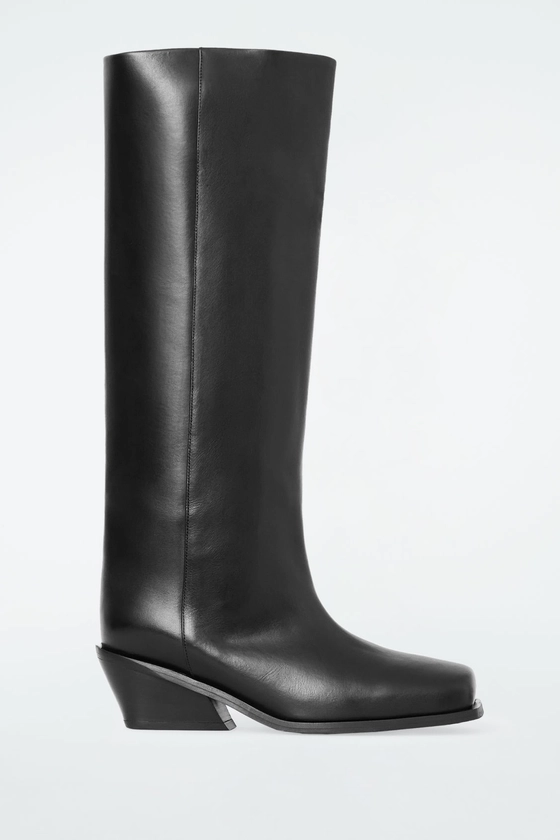 SQUARE-TOE LEATHER KNEE-HIGH BOOTS - BLACK - Shoes - COS