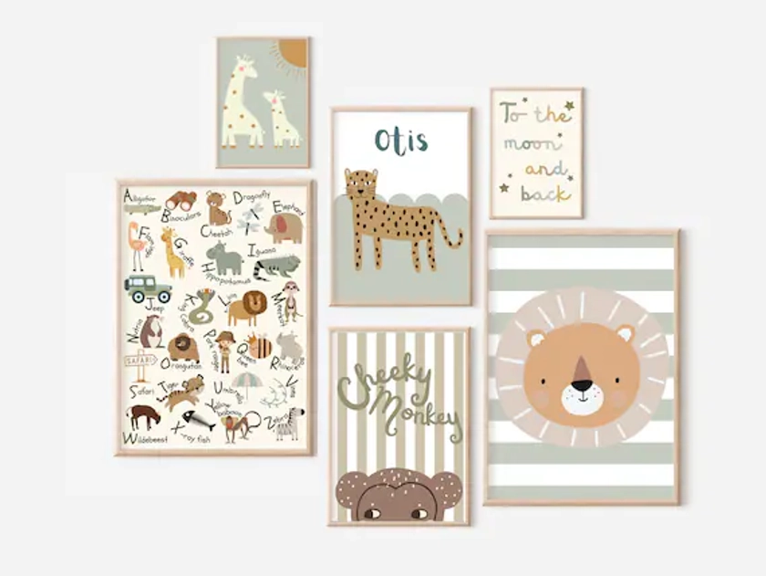 Set of gallery safari wall prints for a playroom, bedroom or nursery, including a personalised leopard print (prints only).