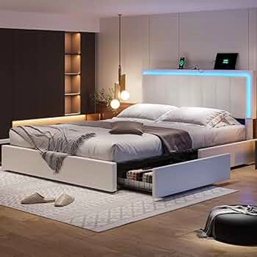 Hasuit Full Bed Frame with 4 Storage Drawers, LED Light Full Size Platform Bed with Charging Station, Artificial Leather Upholstered Bed with Adjustable Headboard, No Box Spring Needed
