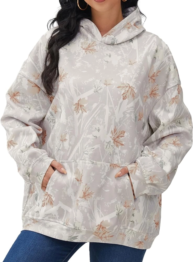 Womens Camo Hoodies Maple Leaf Print Oversized Hooded Sweatshirt Fleece Pullover Sweatshirts Long Sleeve with Pocket