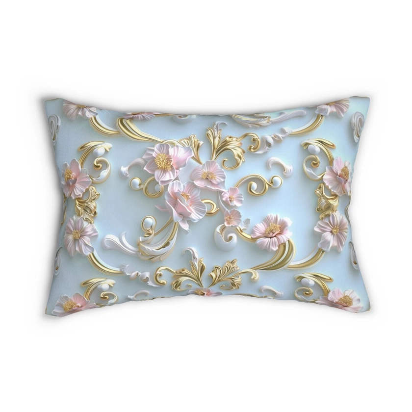 Rococo Inspired Coquette Lumbar Pillow Soft Pink Flowers With Pale Gold Accents on Light Pastel Blue Perfect for Your Coquette Aesthetic - Etsy UK