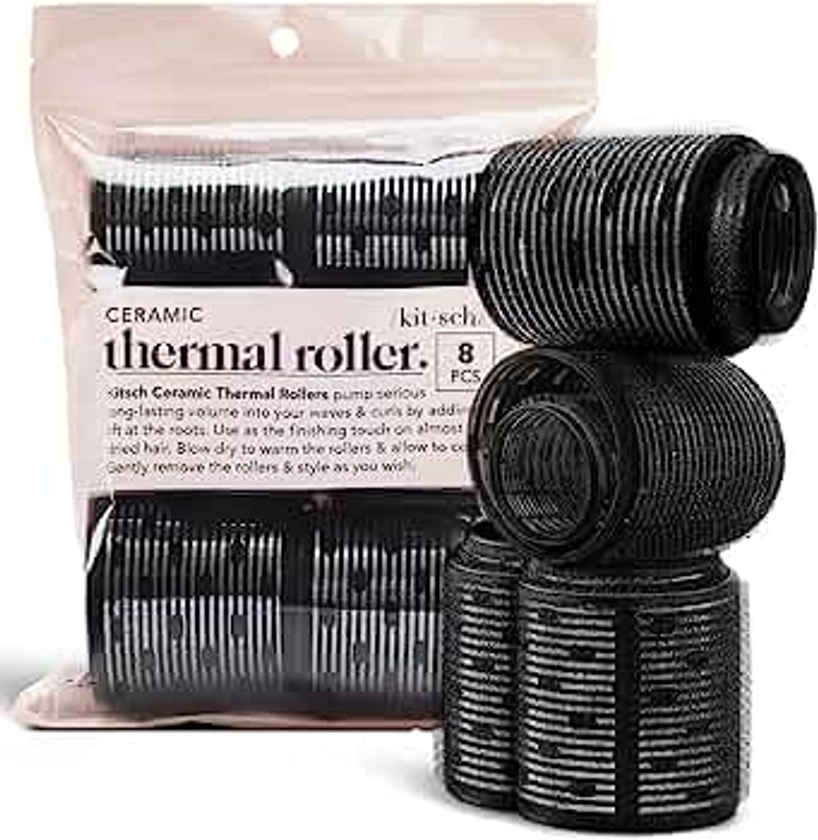 Kitsch Ceramic Thermal Hair Rollers for Short Hair - Velcro Rollers | Rollers Hair Curlers for Long Hair | Velcro Hair Roller for Medium Hair | Self-Grip Hair Rollers | Velcro Curlers - 8pcs Black