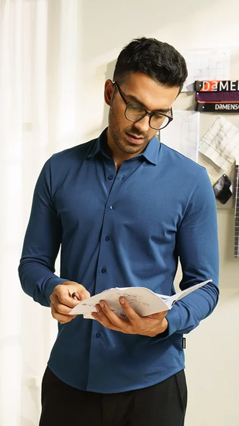 Mens Full Sleeve Shirt | Pique Shirt Teal Blue | DaMENSCH