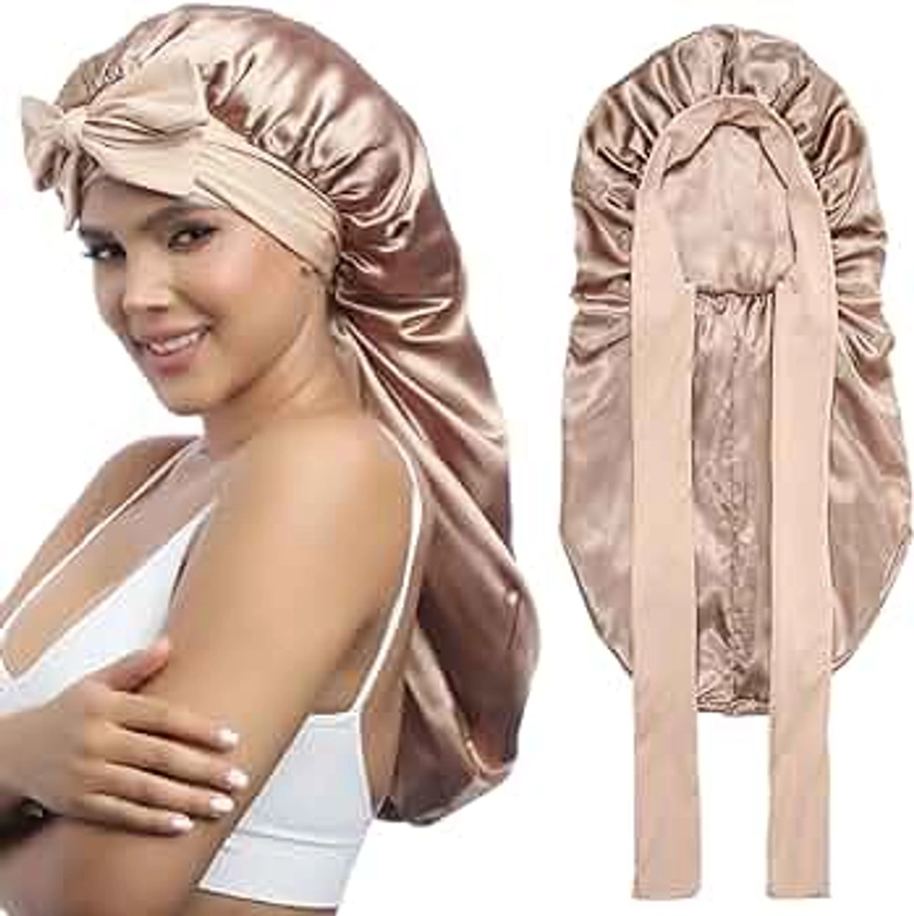AWAYTR Long Satin Bonnet for Women - Double Layer Elastic Silk Bonnet for Braids Hair Sleeping Cap with Tie Band (Champagne)