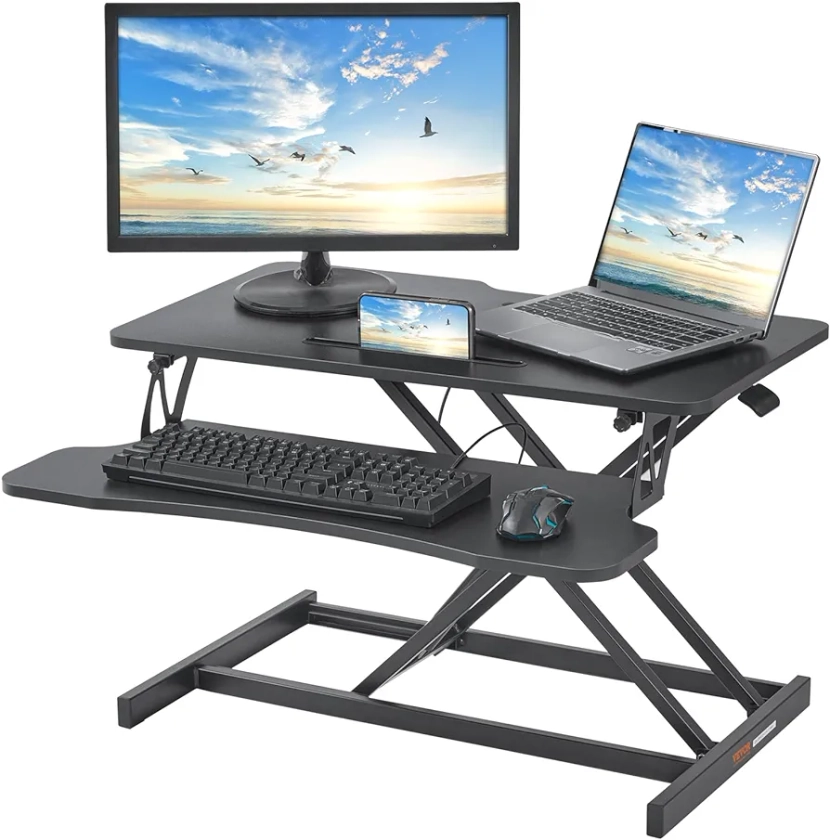 VEVOR Standing Desk Converter 80 cm/31.5 Inch, Two-Tier Stand up Desk Riser, Large Sit to Stand Desk Converter,140-510 mm Adjustable Height, for Monitor, Keyboard & Accessories Used in Home Office