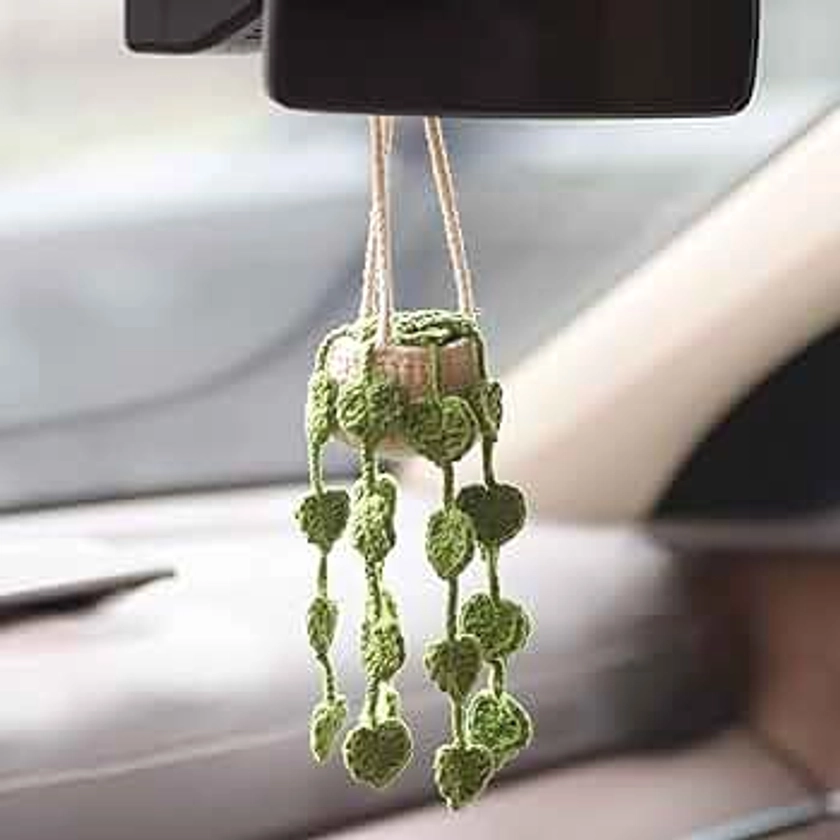 Cute Crochet Plant for Car Rear View Mirror,Boho Handmade Car Mirror Hanging Accessories for Women Girls,Green Car Interior Aesthetic Decor Truck Hanger Ornament Charm for Men