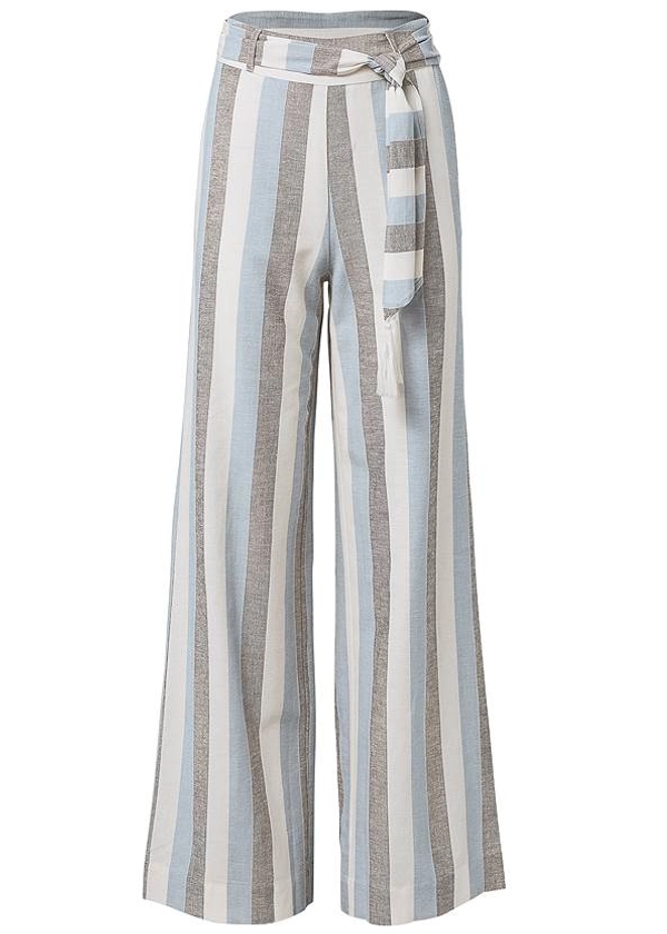 Striped Wide Leg Linen Pants With Self Belt in Light Blue Multi | VENUS