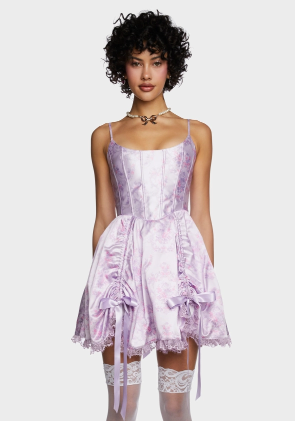 Sugar Thrillz Floral Print Satin Tie Mini Dress - Purple