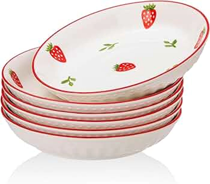 Porcelain Bowls Set Strawberry 8 Inch Pasta Bowls Set of 6, Salad Bowls 17.6 OZ