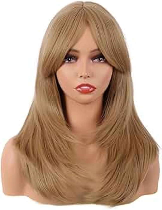 MapofBeauty 20 Inch/50 cm Long Layered With Bangs Straight Synthetic fiber Shoulder Length Hair for Daily Use or Party Wig (Ash Blonde)