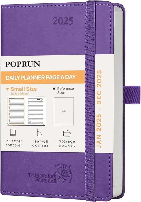 POPRUN Agenda de poche 2025 Journalier 16 x 10,5 cm - Couverture Souple en PU Cuir, 1 Page par Jour A6 petite Agenda, D'Jan 2025 à Déc 2025, Signet à 2 rubans, Papier 70 g/m², Pourpre-PE : Amazon.fr: Fournitures de bureau