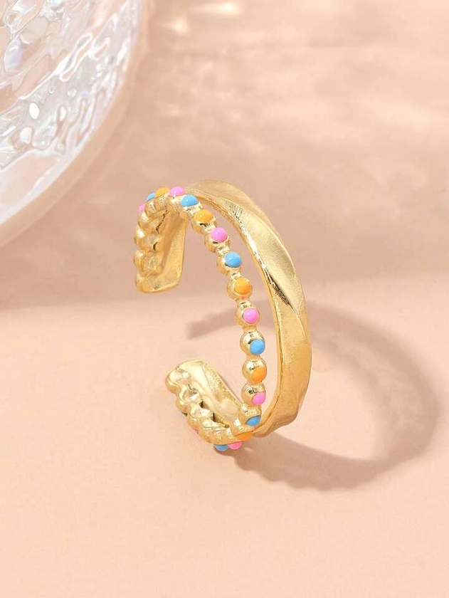 1pc Colorful Stainless Steel Gold Yellow Ring Oil Drop Opening Adjustable Women's Decorative Ring, Suitable For Gifting Or Daily Wear