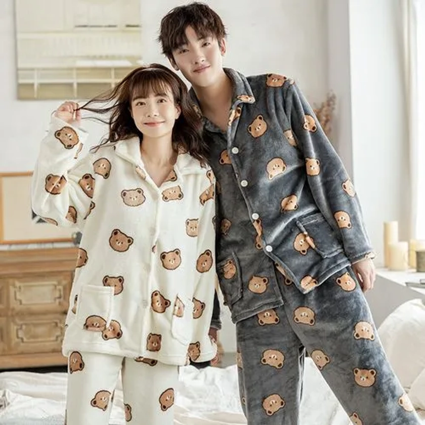 Ciambella - Couple Matching Pajama Set: Teddy Bear Print Top + ...