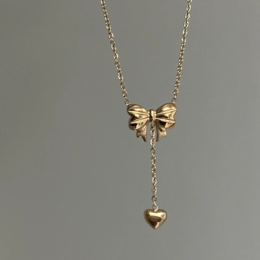 Mini Bow Drop Heart Necklace Puffy Heart Pendant Link Chain 18k Gold Stainless Steel Bow Jewelry Keachains Dainty Cottagecore Bow Gift