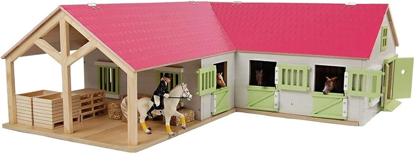 Kids Globe Farming 610210 Paardenhok, roze, boerderij, paardenhok van hout, 1:24, met 3 boxen, speelgoed paardenhof, met praktisch vouwdak, voor alle gangbare dierfiguren: Amazon.de: Speelgoed