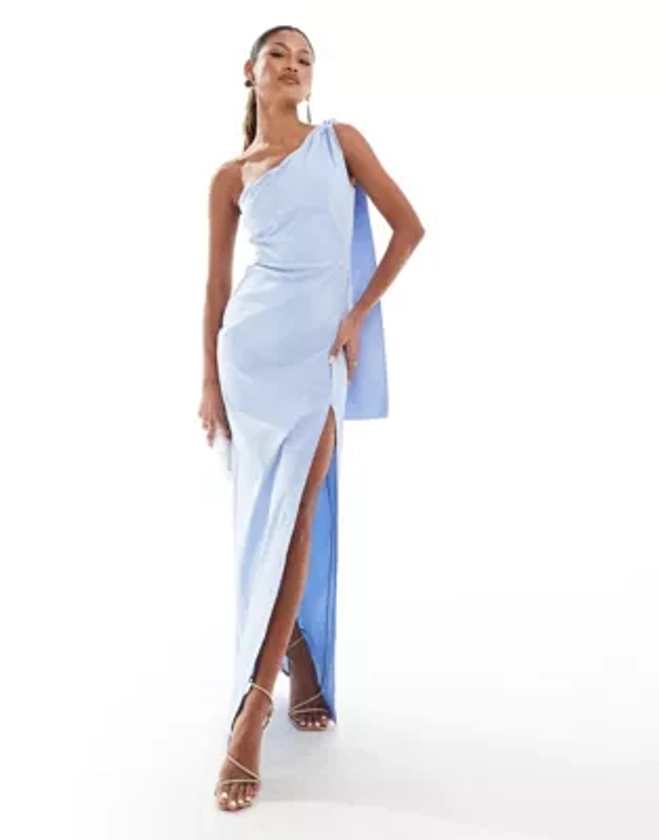 Vesper one shoulder drape detail thigh split maxi dress in baby blue | ASOS